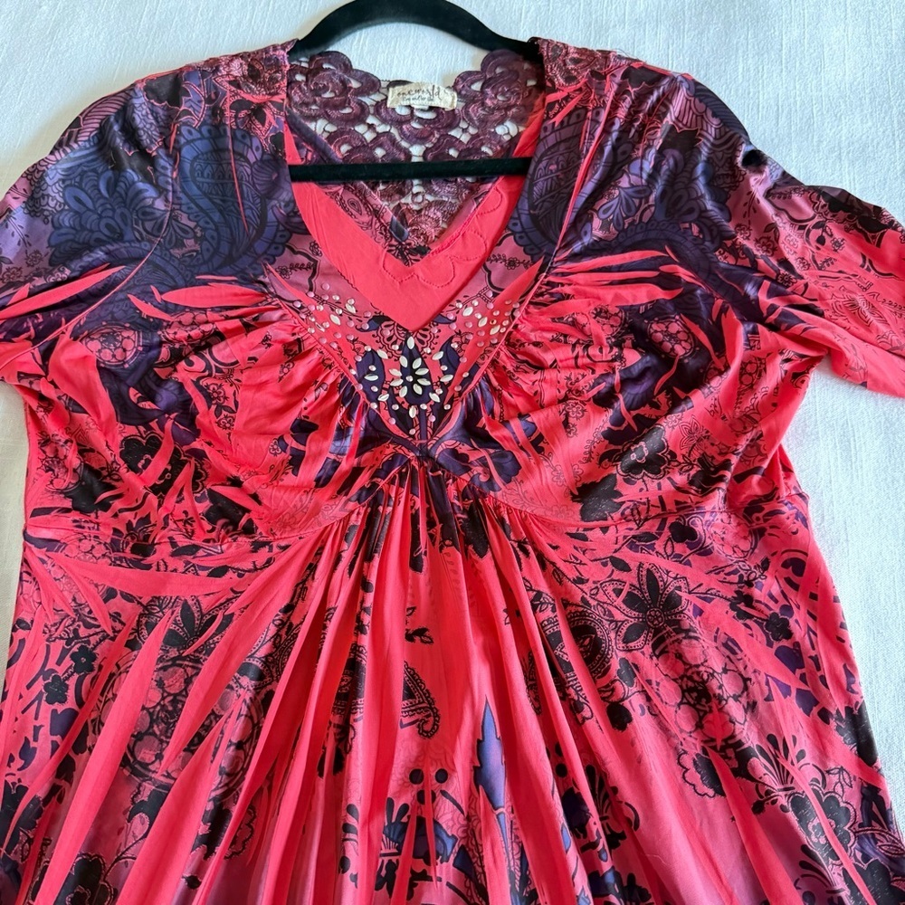 One World Tunic Top Womens Large Floral Crochet Rhinestone Boho V Neck Festival - Picture 3 of 12